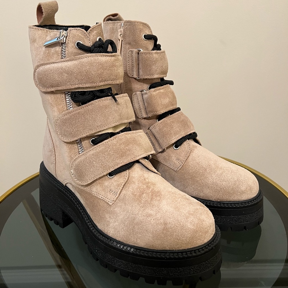 Free People Beige Latte Suede Emmett Lace Up Velcro Strap Up Boots Size 6 - Picture 5 of 10